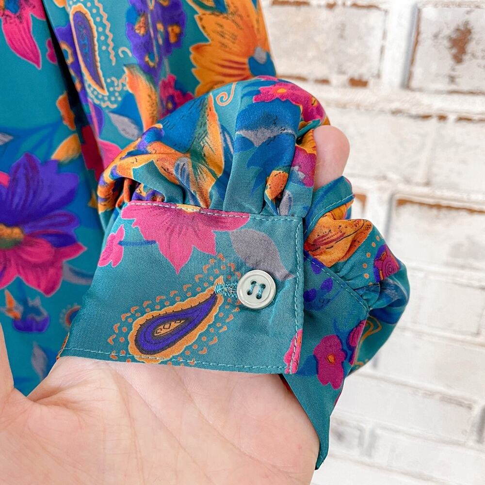 Vintage 80s Alfred Dunner Teal Pink Orange Floral Tie Neck Button Down Top 14 - Picture 4 of 9